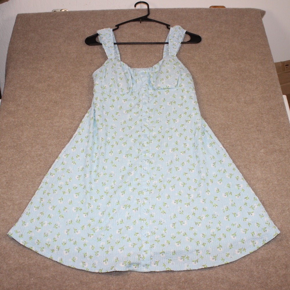 No Boundaries Blue Floral Button Front Mini Dress Medium 8-10 Seersucker Strappy
